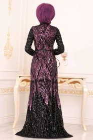 Violet Foncé - Tesettürlü Abiye Elbise - Robe de Soirée Hijab - 3895MU - Thumbnail