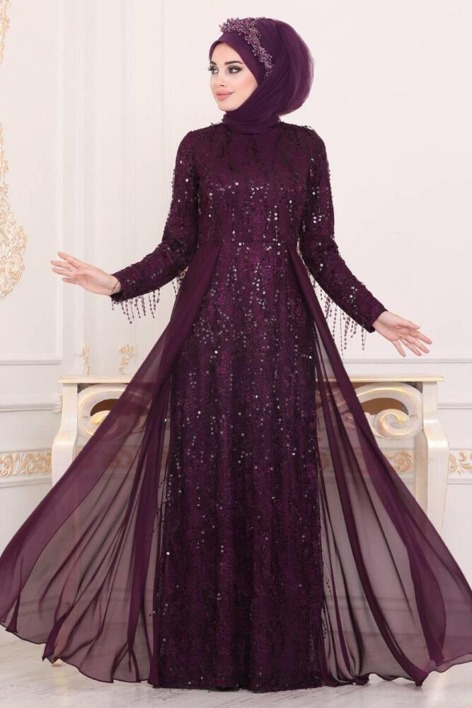 Violet Foncé - Tesettürlü Abiye Elbise - Robe de Soirée Hijab - 3899MU - 1