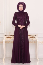 Violet Foncé - Tesettürlü Abiye Elbise - Robe de Soirée Hijab - 3899MU - Thumbnail
