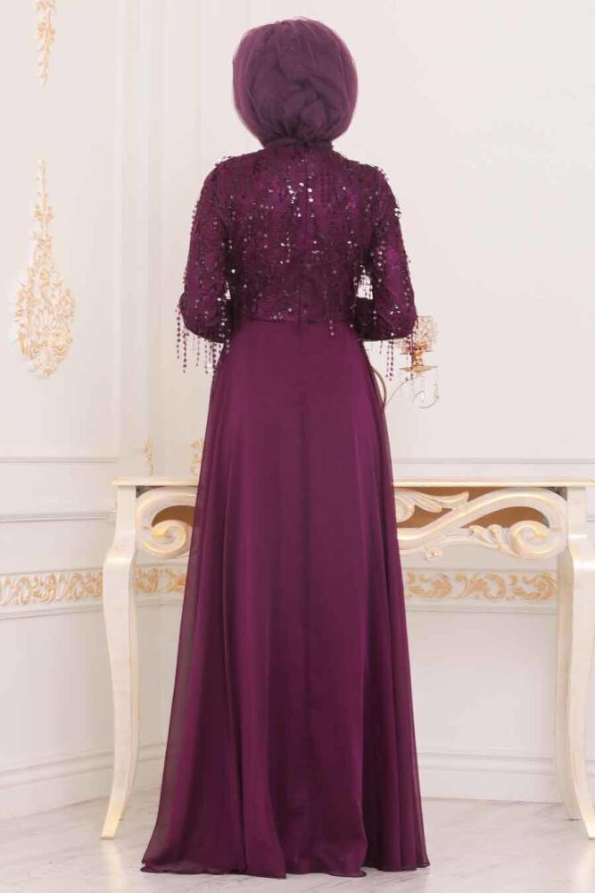 Violet Foncé - Tesettürlü Abiye Elbise - Robe de Soirée Hijab - 3899MU - 3