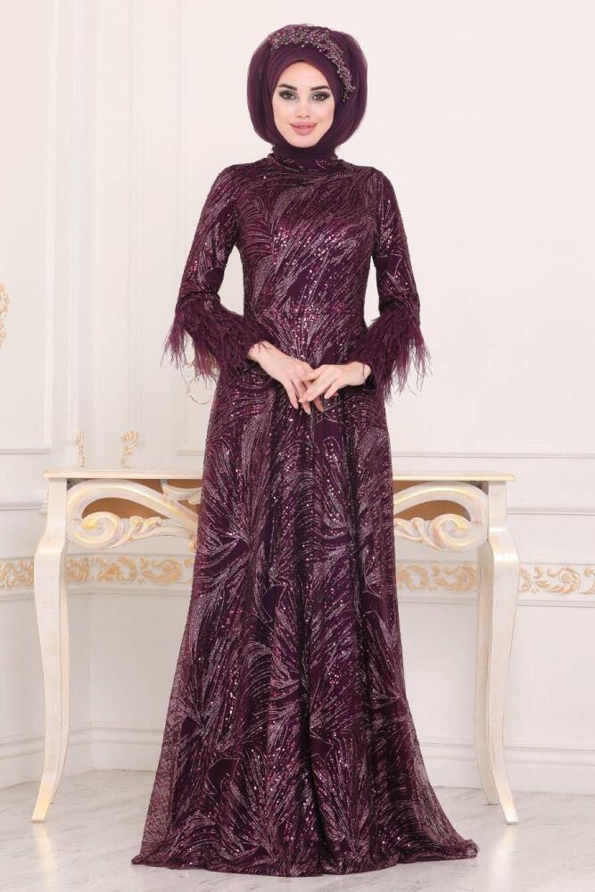 Violet Foncé - Tesettürlü Abiye Elbise - Robe de Soirée Hijab - 39191MU - 1