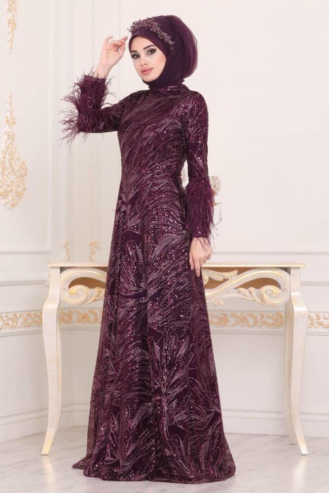 Violet Foncé - Tesettürlü Abiye Elbise - Robe de Soirée Hijab - 39191MU - 2