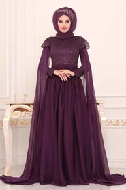 Violet Foncé - Tesettürlü Abiye Elbise - Robe de Soirée Hijab - 3920MU - Thumbnail