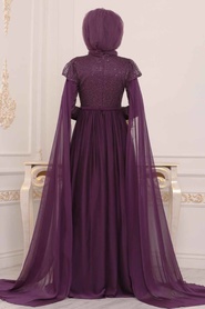 Violet Foncé - Tesettürlü Abiye Elbise - Robe de Soirée Hijab - 3920MU - Thumbnail