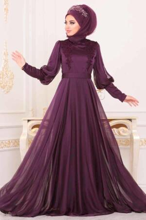Violet Foncé - Tesettürlü Abiye Elbise - Robe de Soirée Hijab - 39270MU - 1