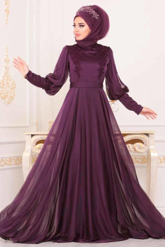 Violet Foncé - Tesettürlü Abiye Elbise - Robe de Soirée Hijab - 39270MU - 1