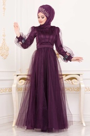 Violet Foncé - Tesettürlü Abiye Elbise - Robe de Soirée Hijab - 3946MU - Thumbnail
