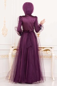 Violet Foncé - Tesettürlü Abiye Elbise - Robe de Soirée Hijab - 3946MU - Thumbnail