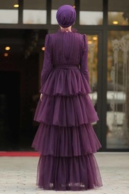 Violet Foncé - Tesettürlü Abiye Elbise - Robe de Soirée Hijab - 39950MU - Thumbnail