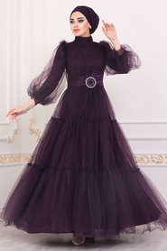 Violet Foncé - Tesettürlü Abiye Elbise - Robe de Soirée Hijab - 40350MU - Thumbnail