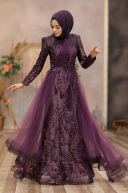 Violet Foncé - Tesettürlü Abiye Elbise - Robe de Soirée Hijab - 40732MU - Thumbnail