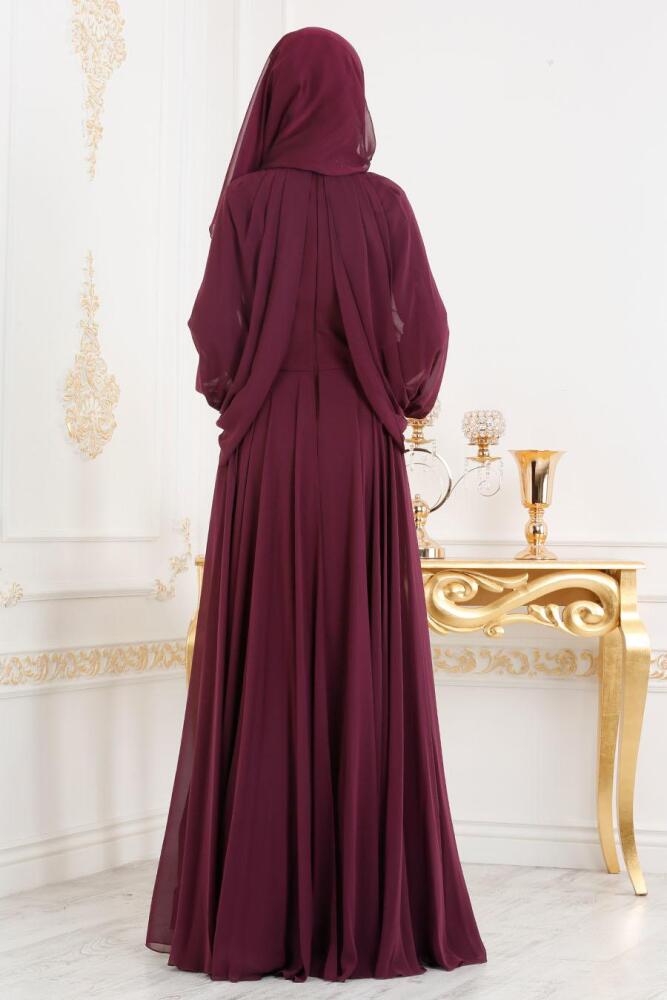 Violet Foncé - Tesettürlü Abiye Elbise - Robe de Soirée Hijab 46230MU - 1