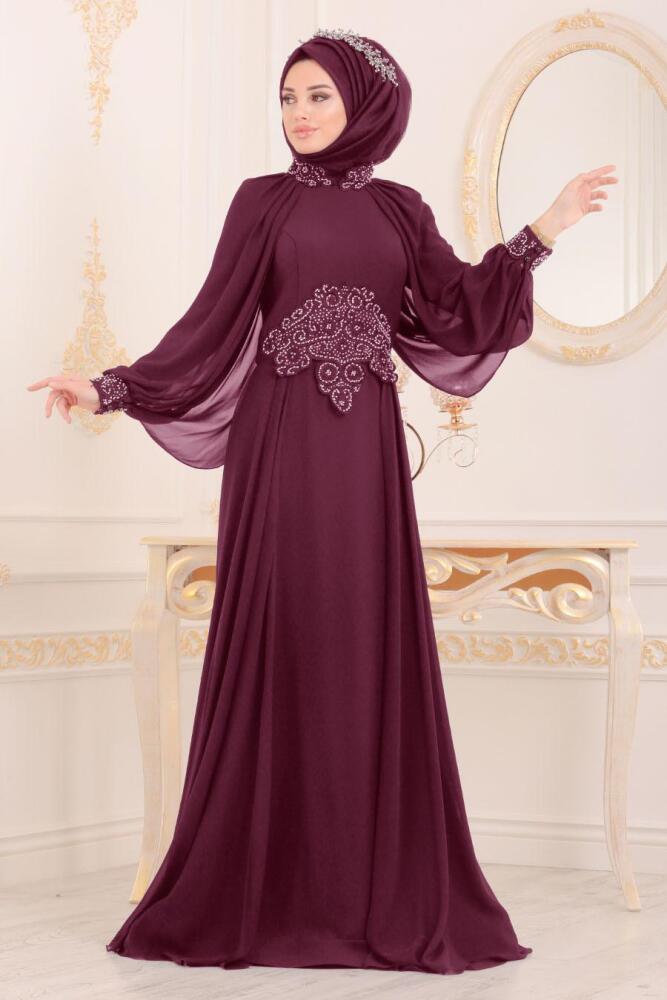 Violet Foncé - Tesettürlü Abiye Elbise - Robe de Soirée Hijab 46230MU - 2