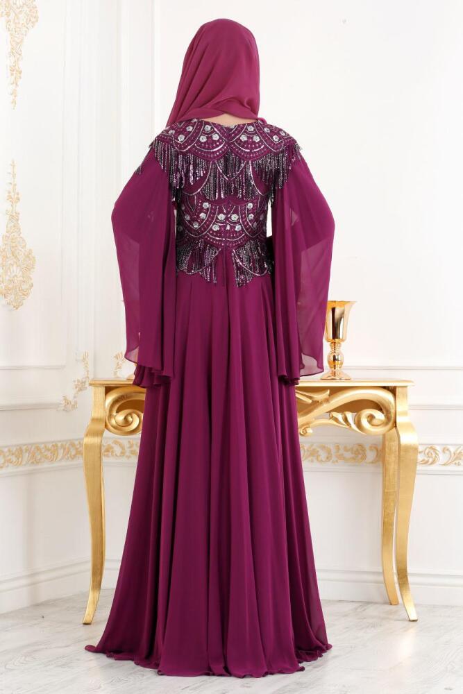 Violet Foncé - Tesettürlü Abiye Elbise - Robe de Soirée Hijab 46790MU - 1