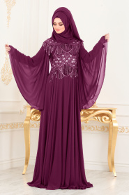 Violet Foncé - Tesettürlü Abiye Elbise - Robe de Soirée Hijab 46790MU - Thumbnail