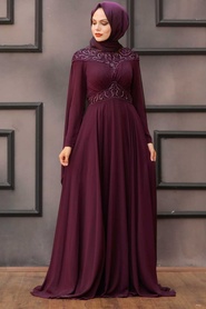 Violet Foncé - Tesettürlü Abiye Elbise - Robe de Soirée Hijab 4692MU - Thumbnail