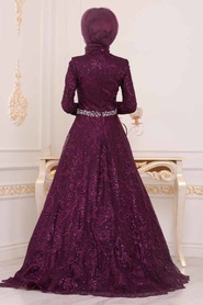 Violet Foncé - Tesettürlü Abiye Elbise - Robe de Soirée Hijab - 47050MU - Thumbnail