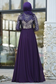 Violet Foncé-Tesettürlü Abiye Elbise -Robe de Soirée Hijab 8368MU - Thumbnail