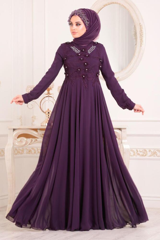 Violet Foncé - Tesettürlü Abiye Elbise - Robe de Soirée Hijab 84701MU - 2