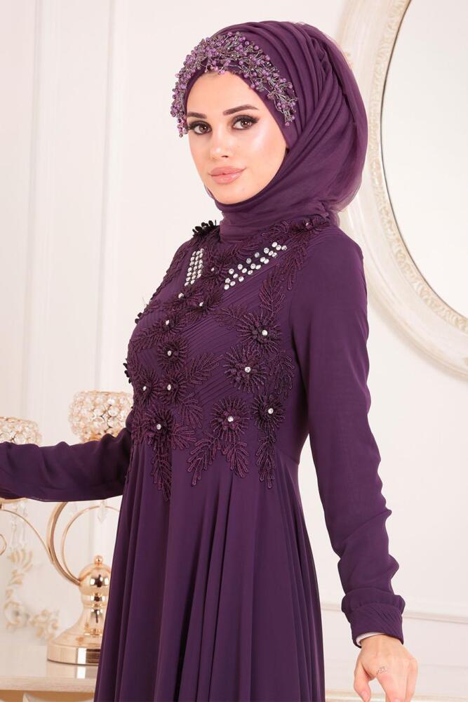Violet Foncé - Tesettürlü Abiye Elbise - Robe de Soirée Hijab 84701MU - 3