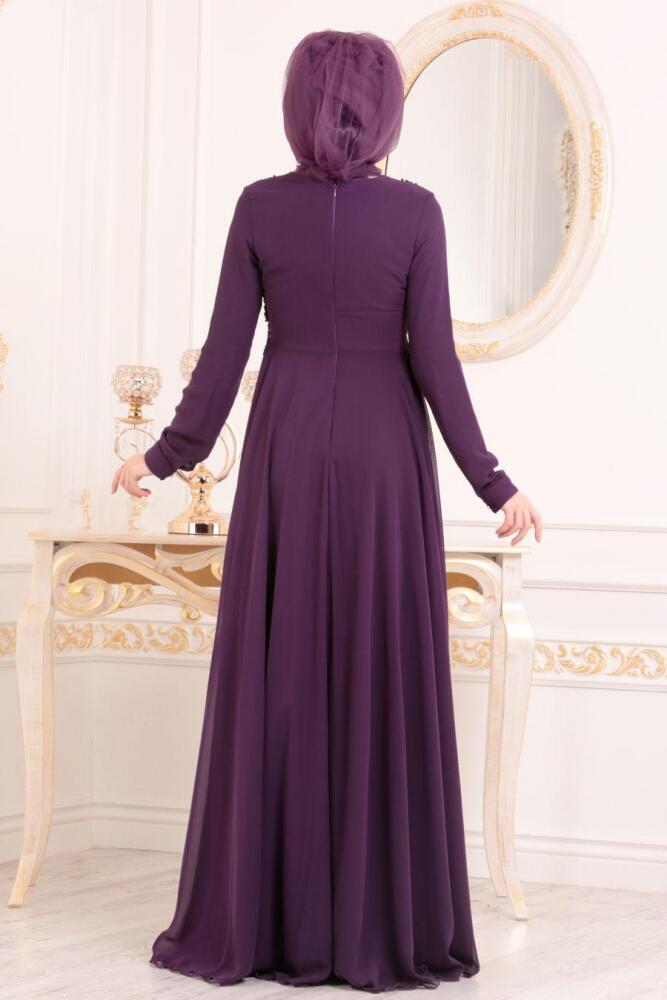Violet Foncé - Tesettürlü Abiye Elbise - Robe de Soirée Hijab 84701MU - 4
