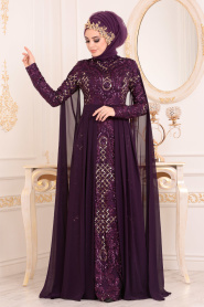 Violet Foncé- Tesettürlü Abiye Elbise - Robe de Soirée Hijab 85130MU - Thumbnail