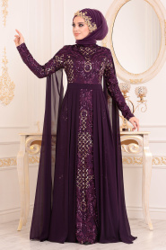 Violet Foncé- Tesettürlü Abiye Elbise - Robe de Soirée Hijab 85130MU - Thumbnail