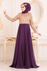 Violet Foncé - Tesettürlü Abiye Elbise -Robe de Soirée Hijab 85310MU - Thumbnail