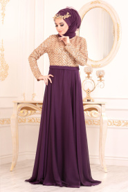 Violet Foncé - Tesettürlü Abiye Elbise -Robe de Soirée Hijab 85310MU - Thumbnail