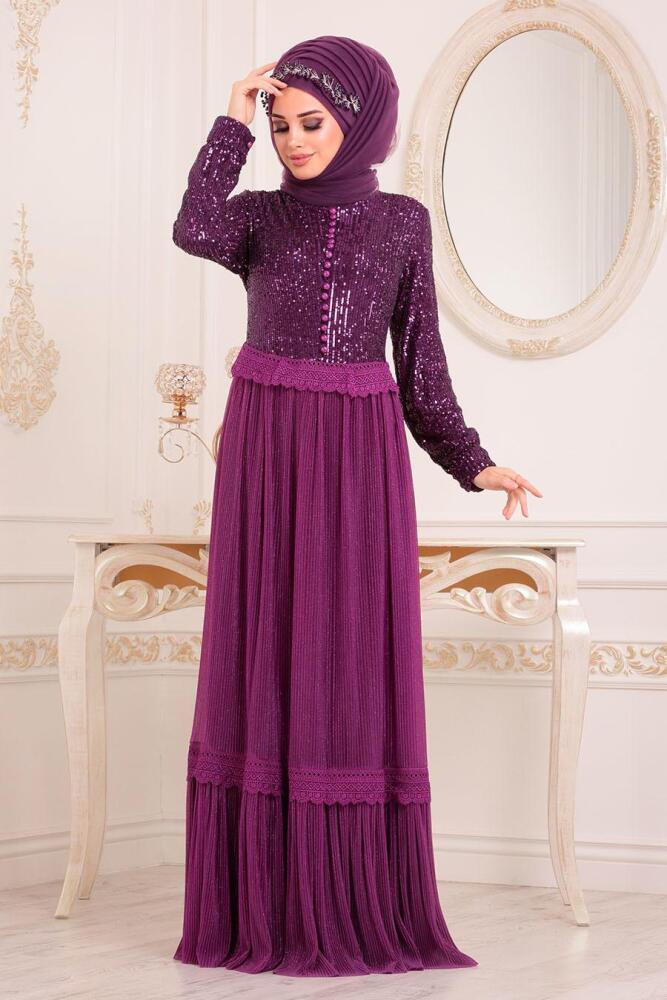 Violet Foncé -Tesettürlü Abiye Elbise -Robe de Soirée Hijab -8532MU - 1