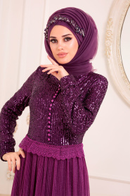 Violet Foncé -Tesettürlü Abiye Elbise -Robe de Soirée Hijab -8532MU - Thumbnail