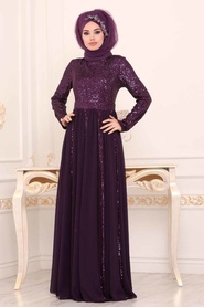 Violet Foncé -Tesettürlü Abiye Elbise -Robe de Soirée Hijab - 8545MU - Thumbnail