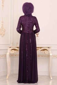 Violet Foncé -Tesettürlü Abiye Elbise -Robe de Soirée Hijab - 8545MU - Thumbnail