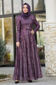 Violet Foncé - Tesettürlü Abiye Elbise - Robe de Soirée Hijab - 8665MU - Thumbnail