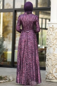 Violet Foncé - Tesettürlü Abiye Elbise - Robe de Soirée Hijab - 8665MU - Thumbnail
