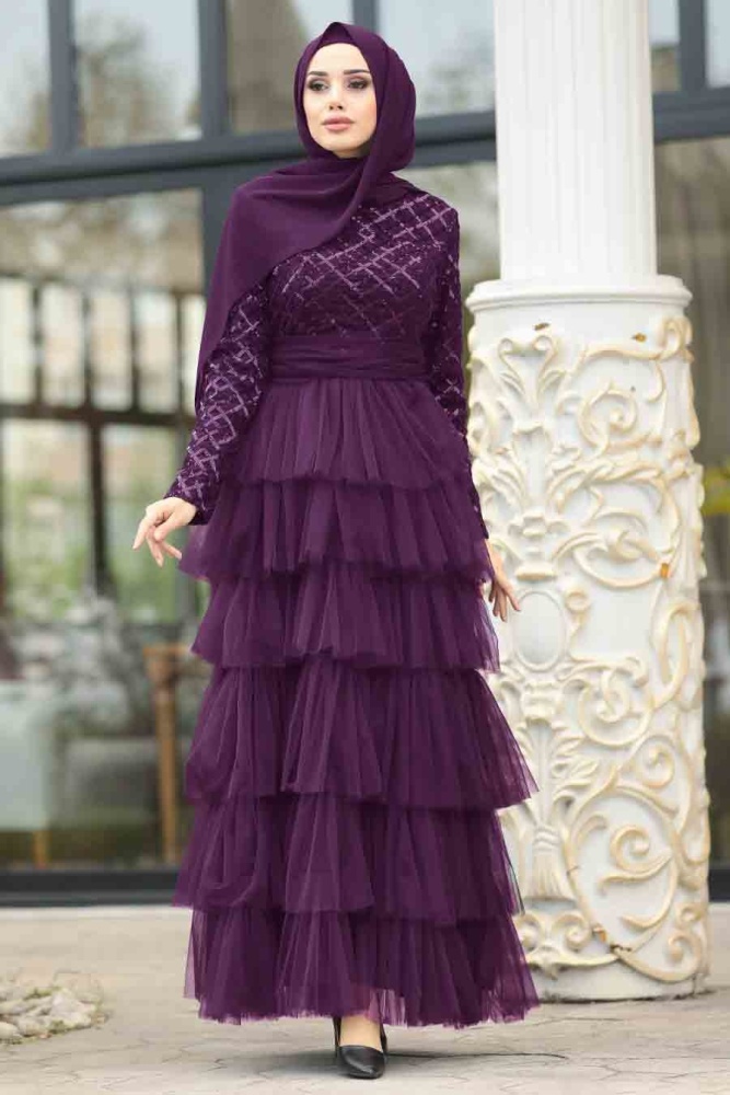 Violet Foncé - Tesettürlü Abiye Elbise - Robe de Soirée Hijab - 8667MU - 1