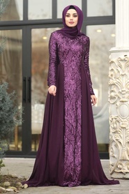 Violet Foncé - Tesettürlü Abiye Elbise - Robe de Soirée Hijab - 8698MU - Thumbnail