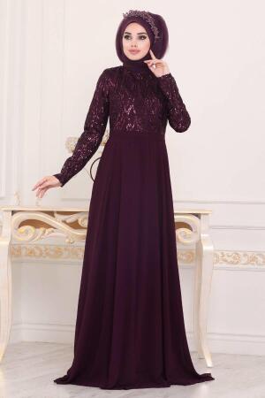 Violet Foncé - Tesettürlü Abiye Elbise -Robe de Soirée Hijab - 8708MU - Thumbnail