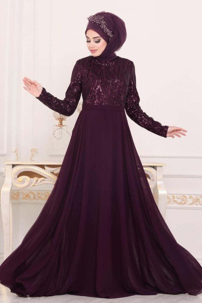 Violet Foncé - Tesettürlü Abiye Elbise -Robe de Soirée Hijab - 8708MU - 2