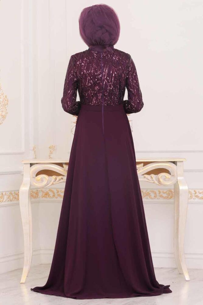 Violet Foncé - Tesettürlü Abiye Elbise -Robe de Soirée Hijab - 8708MU - 3