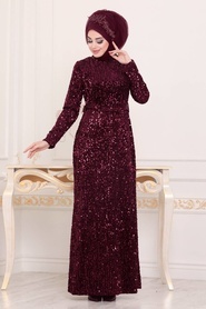 Violet Foncé - Tesettürlü Abiye Elbise - Robe de Soirée Hijab - 8727MU - Thumbnail