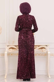 Violet Foncé - Tesettürlü Abiye Elbise - Robe de Soirée Hijab - 8727MU - Thumbnail