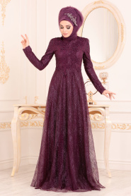 Violet Foncé - Tesettürlü Abiye Elbise - Robes de Soirée Hijab 20961MU - Thumbnail