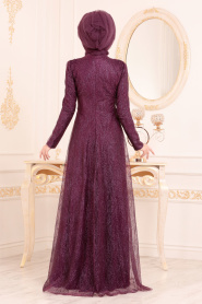 Violet Foncé - Tesettürlü Abiye Elbise - Robes de Soirée Hijab 20961MU - Thumbnail