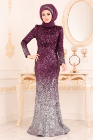Violet Foncé - Tesettürlü Abiye Elbise - Robes de Soirée Hijab 2106MU - Thumbnail