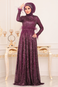 Violet Foncé- Tesettürlü Abiye Elbise - Robes de Soirée Hijab 21090MU - Thumbnail