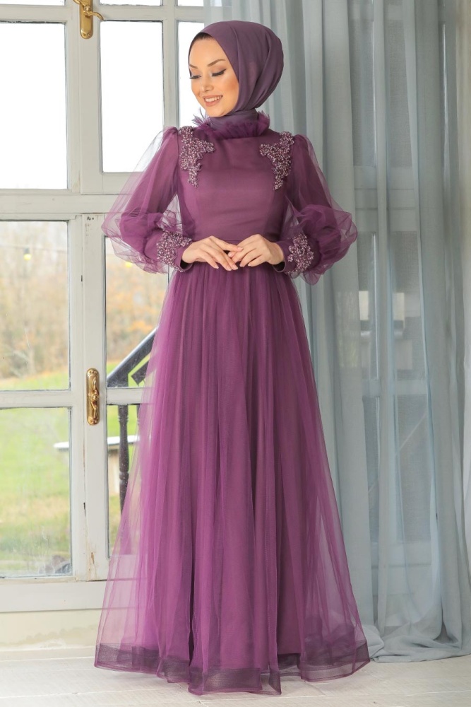 Violet Foncé- Tesettürlü Abiye Elbise - Robes de Soirée Hijab - 40320MU - 1
