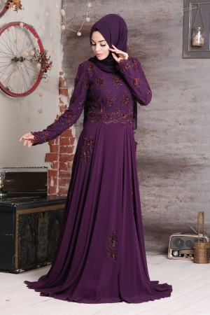 Violet Foncé- Tesettürlü Abiye Elbise - Robes de Soirée Hijab 43961MU - 1