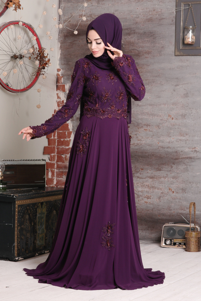 Violet Foncé- Tesettürlü Abiye Elbise - Robes de Soirée Hijab 43961MU - 1
