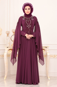 Violet Foncé - Tesettürlü Abiye Elbise - Robes de Soirée Hijab 8485MU - Thumbnail